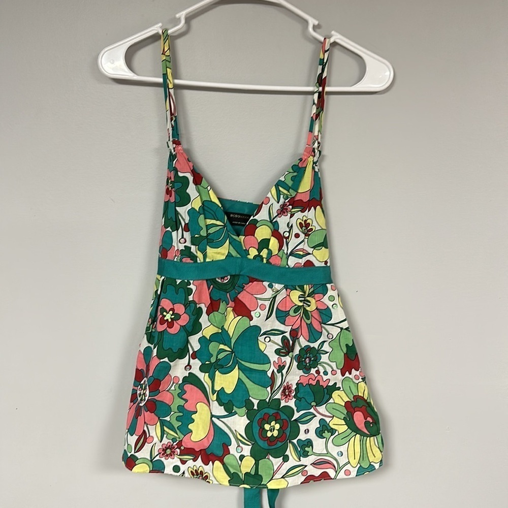BCBGMaxAzria Boho Floral Cotton/ Ribbon Trim Adjustable straps Cami Tank Top, S